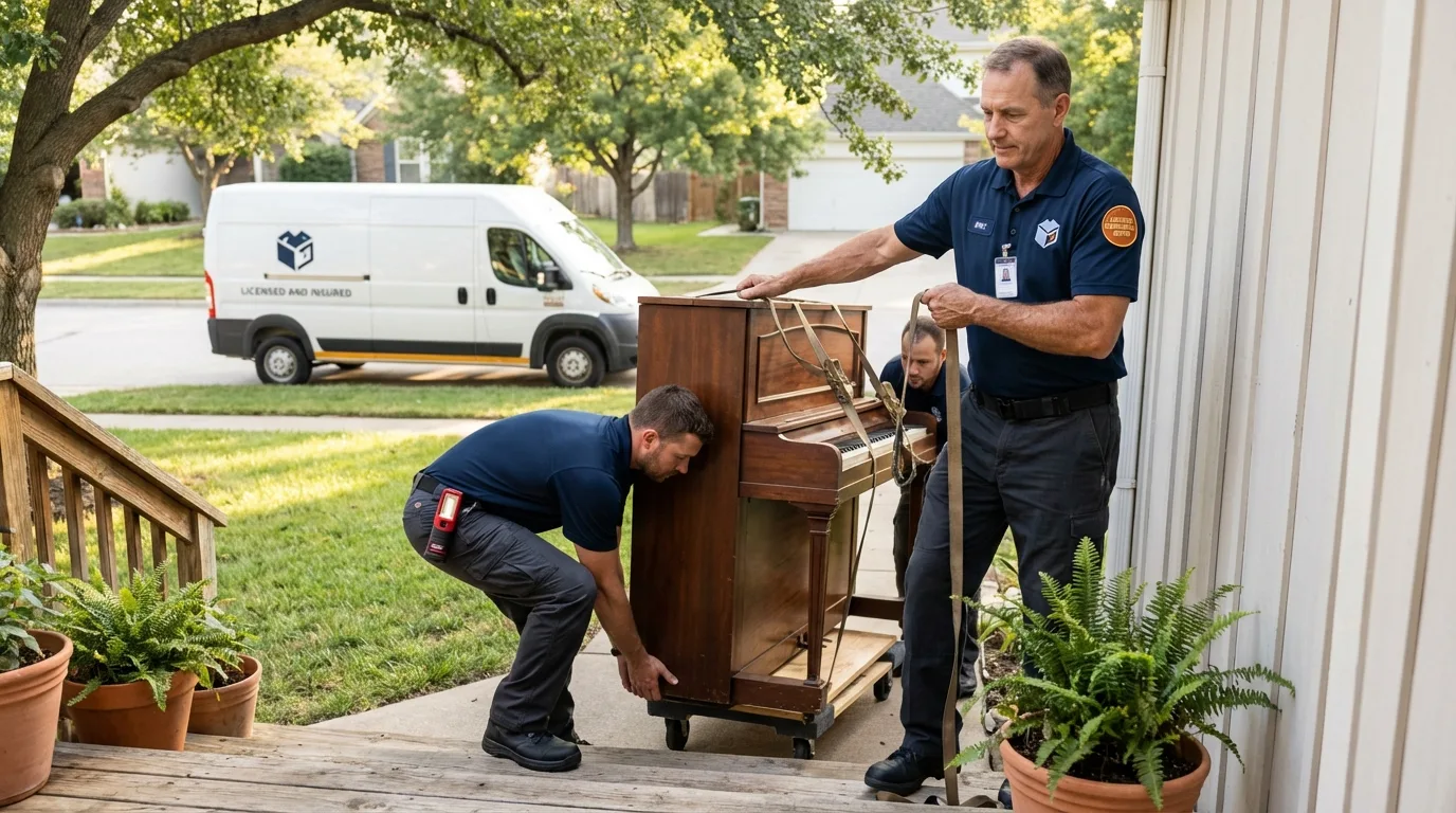Licensed piano movers securing grand piano in Middle River, MD