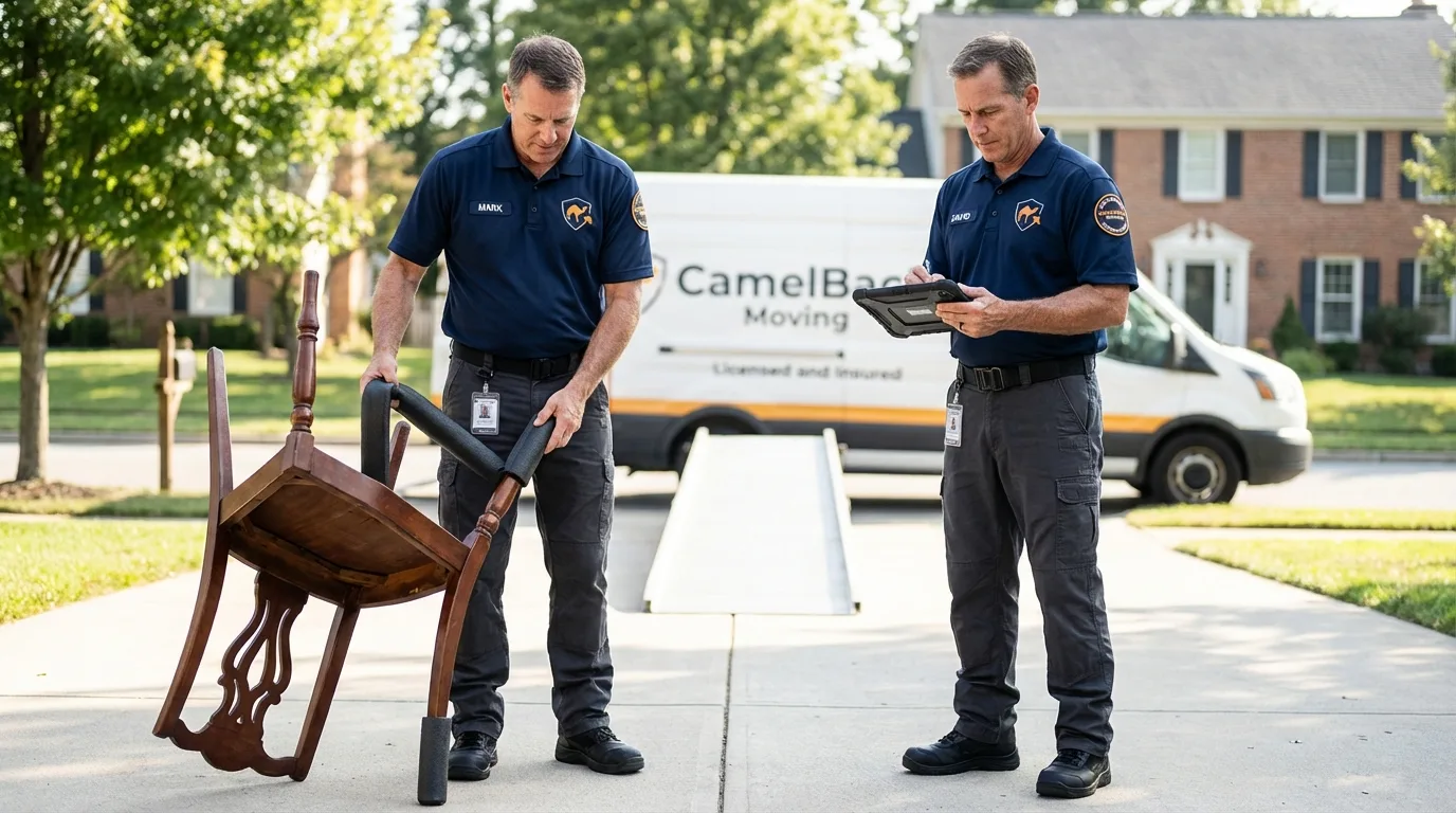 Movers inspecting furniture for damage prevention before loading in Middle River, MD